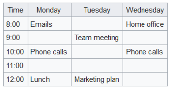 table with four columns wor Times and days of the week with a time schedule