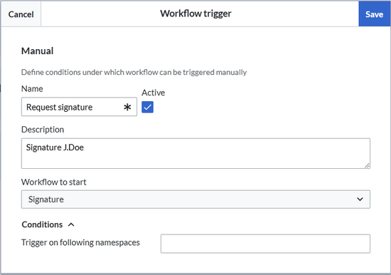 Dialog field with parameters for workflow "Signature"