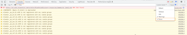 Screenshot of the console panel with one error message and many warnings.