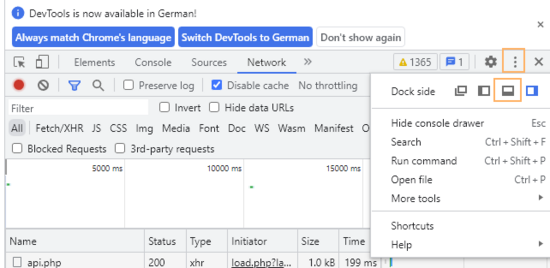 Screenshot of DevTools with customization menu highlighted.
