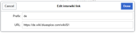 edit dialog for a interwiki link with the prefix "de"