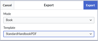 export dialog with selected template in Book export mode