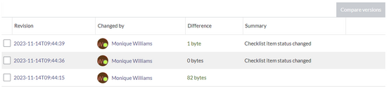 version history of the page with comments showing versions with checkbox status changes