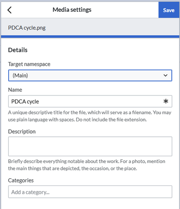 Media settings dialog with an image selected for upload
