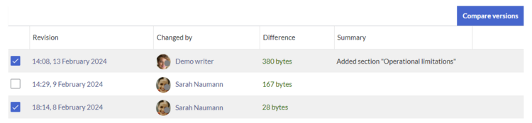 Version history with two selected versions that should be compared