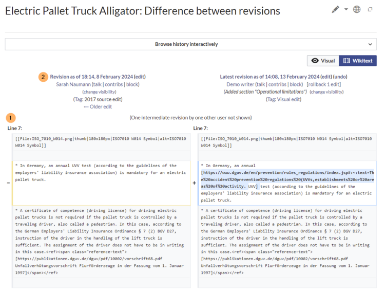 Comparison of changed sections of two versions in wikitext view.