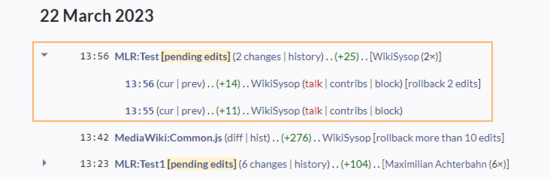 Screenshot of grouped changes on the page "Recent changes"