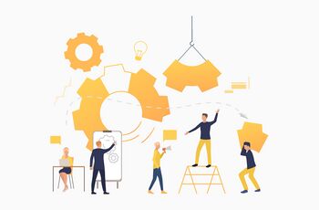 Abstract illustration of team members contributing parts of gears to the action.