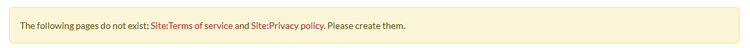 Notification banner with redlinks to the missing privacy pages.