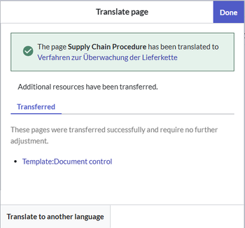 Confirmation dialog with information about one transferred embedded template.