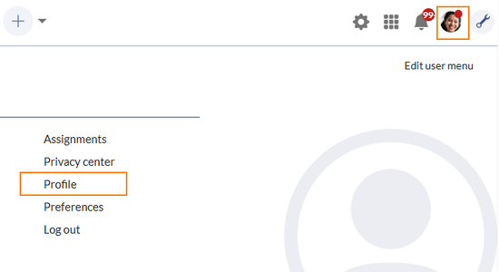 Opne user menu with Profile-link highlighted