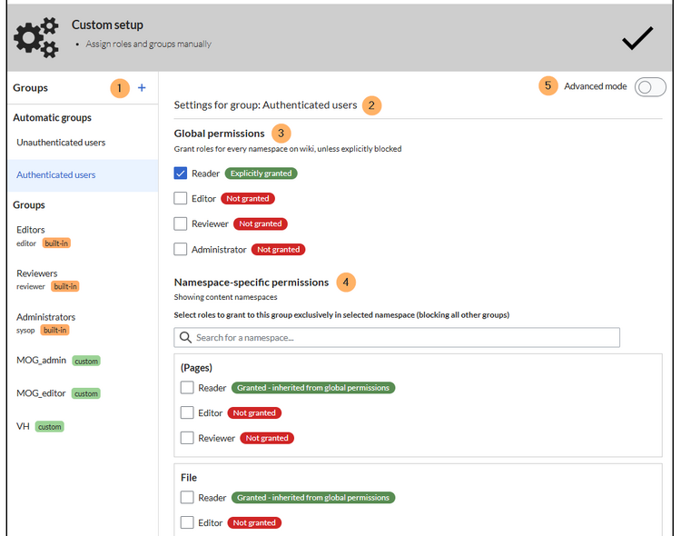 View of the different sections of the custom permissions setup