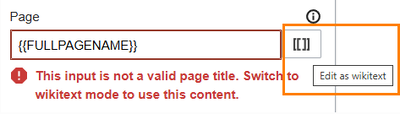 Field for entering the page name with toggle switch for wikitext mode