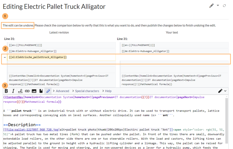 Highlighted diff view of the current version with the change that should be undone