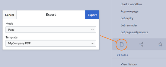 PDF export dialog with default page template selected