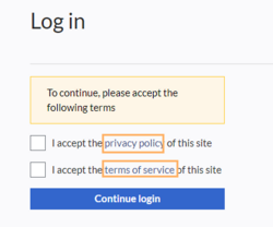 "Privacy policy" and "Terms of service" checkboxes on the login page