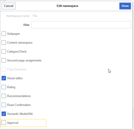 Namespace settings dialog