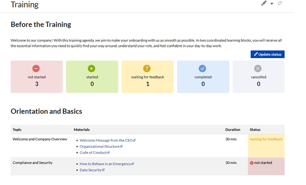 Example of an onboarding training page