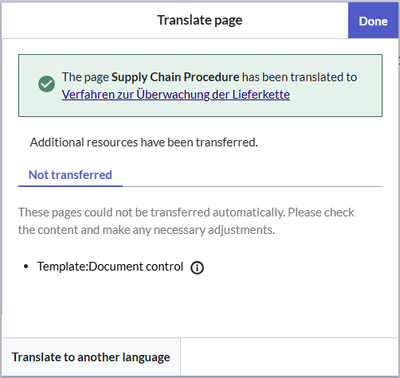 Dialog window that shows that one template has not been copied to the target wiki